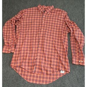 Lands End Oxford Shirt Mens 17 34/35 Houndstooth Plaid Orange/blue Long‎ Sleeve